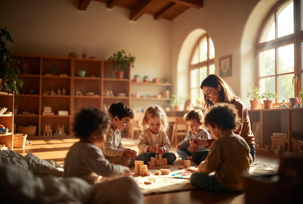 Bambini che giocano e imparano in un ambiente educativo luminoso